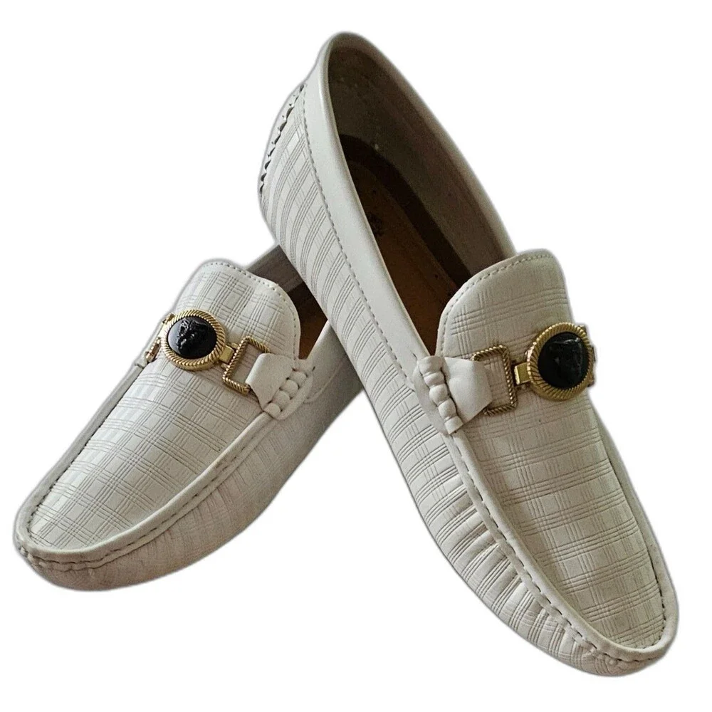Royal Mens Driver Loafers 9.5 White Leopard Medallion Bit Slip On Moc Toe Casual